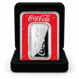 Representative 1 oz Coca-Cola silver bar in presentation box